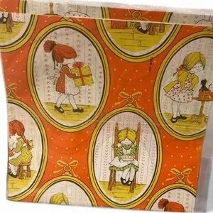 Vintage 1970’s Mod Birthday Wrapping Paper Girl W/ Gifts & Cat Orange & Yellow