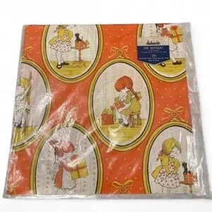Vintage 1970’s Mod Birthday Wrapping Paper Girl w/ Gifts & Cat Orange & Yellow