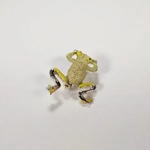 Vintage 1970's Wiggly Leg Yellow Rhinestone And Enamel Frog Brooch
