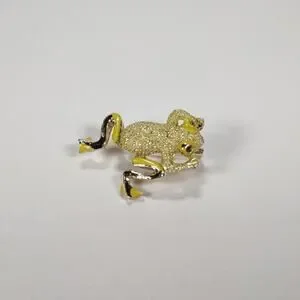 Vintage 1970's Wiggly Leg Yellow Rhinestone And Enamel Frog Brooch