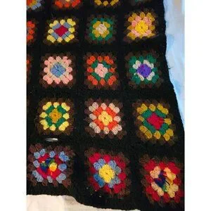 Vintage 1970s Handmade Grannysquare Colorful Hippie Throw Blanket Black