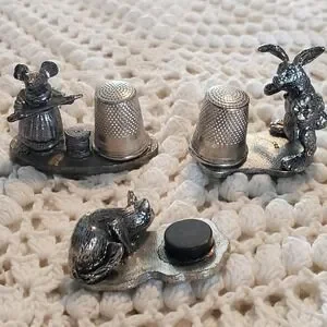 Vintage 1979 Metzke Pewter Magnetic Thimble Holders Mouse Rabbit Cat Lot of 3