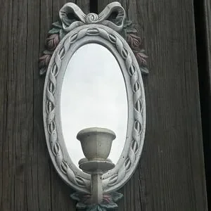 Vintage 2x White Wall Sconce Candle Mirror White W/Pink Flowers Bows Coquette