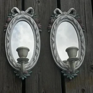 Vintage 2x white Wall Sconce‎ Candle Mirror White w/Pink Flowers Bows Coquette