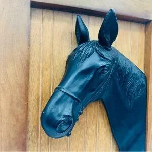 Vintage 3D Black Metal Horse Head Wall Plaque On Wood Panel – Equestrian Decor