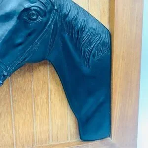Vintage 3D Black Metal Horse Head Wall Plaque On Wood Panel – Equestrian Decor