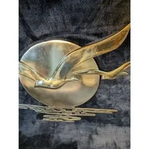 Vintage 50s Solid Brass Seagulls With Ocean Sunset Background
