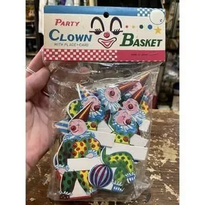 Vintage 6 clown 1950s place card surprise Basket party favor NOS‎ sealed Japan
