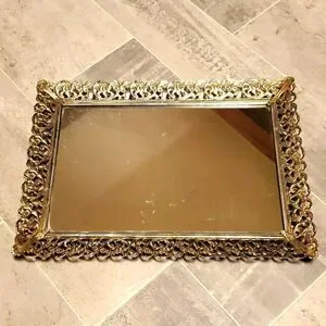 Vintage 70's Gold Detailed Mirror Tray