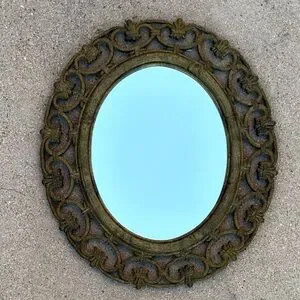 Vintage 70s boho oval mirror faux metal wall hanging home decor