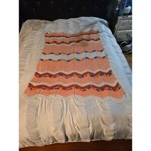Vintage 70s Chevron Colorful Crochet Blanket Afghan Throw