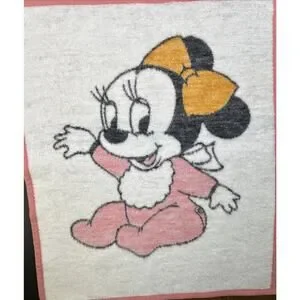 Vintage 80s Biederlack MINNIE MOUSE Baby Girl Blanket Disney Pink White 1984