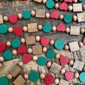 Vintage 9’2” Beaded Garland Red Green & Natural Wood