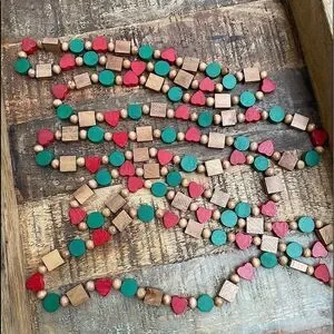 Vintage 9’2” Beaded Garland Red Green & Natural Wood