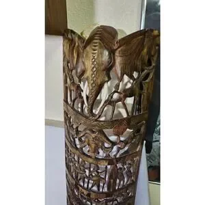 Vintage African Carved Curved Wood Tall Mask With Elephants Lions Rhinos