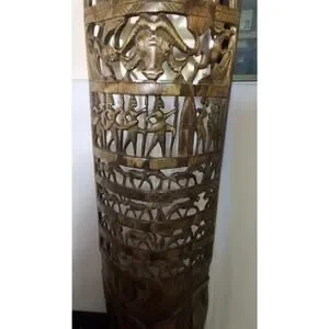 Vintage African Carved Curved Wood Tall Mask With Elephants Lions Rhinos