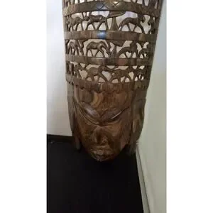 Vintage African Carved Curved Wood Tall Mask With Elephants Lions Rhinos