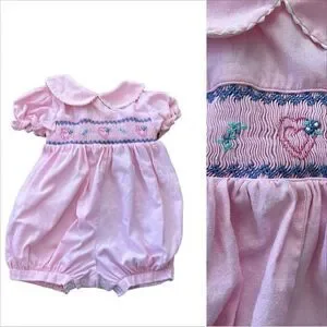 Vintage Allison Ann Baby Girl Embroidered Pink Hear Shortsleeve Romper 18M