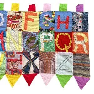 Vintage Alphabet Quilted Folk Art Patchwork Handmade 73"x40" One Of A KInd Wall