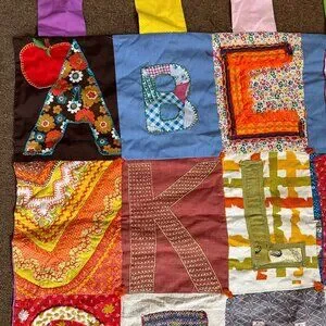 Vintage Alphabet Quilted Folk Art Patchwork Handmade 73"x40" One Of A KInd Wall