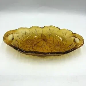 Vintage Amber Glass Oval Bowl Dish Sunflower