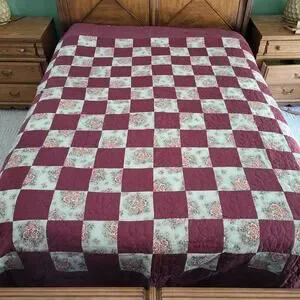 Vintage Amish Handmade Quilt Queen 100x98 Checkerboard Hearts Floral Burgundy PA