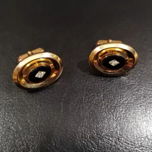 Vintage Anson Cufflinks Gold Tone Onyx Glass Faux Diamond Accent 50s Oval