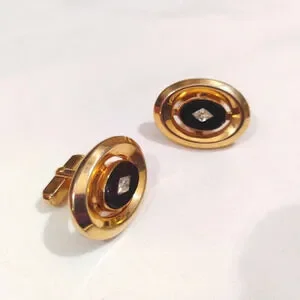 Vintage Anson Cufflinks Gold Tone Onyx Glass Faux Diamond Accent 50s Oval