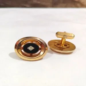 Vintage Anson Cufflinks Gold Tone Onyx Glass Faux Diamond Accent 50s Oval