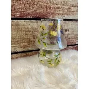 Vintage Anthropologie Floral Butterfly Hand Painted Painted Glass Lamp Vase EUC