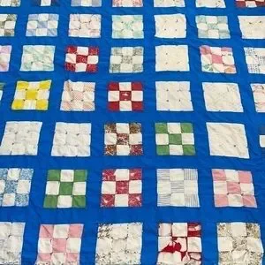 Vintage Antique Handmade Bright Blue Colorful Patchwork Checkered Quilt Bohemian