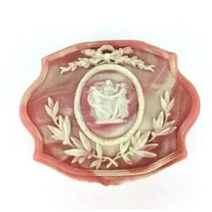 Vintage Art Nouveau Pink Incolay Stone 3 Dancing Muses Jewelry Trinket Box