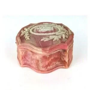 Vintage Art Nouveau Pink Incolay Stone 3 Dancing Muses Jewelry Trinket Box