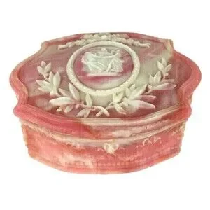 Vintage Art Nouveau Pink Incolay Stone 3 Dancing Muses Jewelry Trinket Box