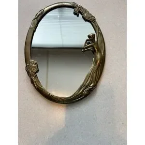 Vintage Art Nouveau Style Brass Mirror " Lady On The Lake" 11"x 8" Detailed