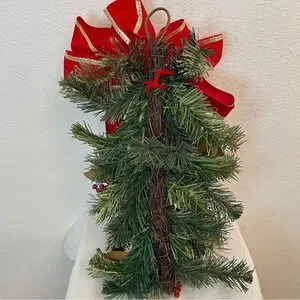Vintage Artificial Pine Christmas Teardrop Swag With Pine Cones And Ribbon Bow