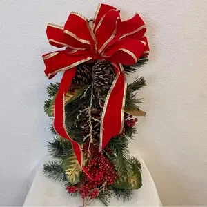 Vintage Artificial Pine Christmas Teardrop Swag With Pine Cones And Ribbon Bow