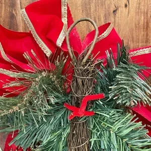 Vintage Artificial Pine Christmas Teardrop Swag With Pine Cones And Ribbon Bow