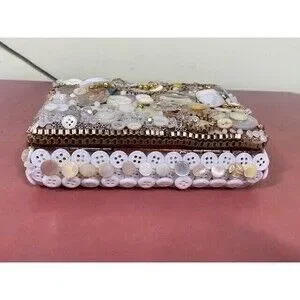 Vintage Bedazzled Buttons Beads Hinged Jewelry Trinket Keepsake Box Handcrafted