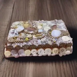 Vintage Bedazzled Buttons Beads Hinged Jewelry Trinket Keepsake Box Handcrafted