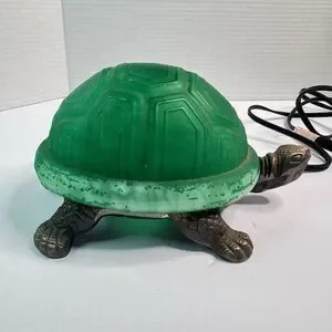 Vintage Brass Frosted Green Glass Shell Turtle Table Lamp Night Light WORKS