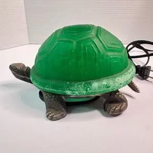 Vintage Brass Frosted Green Glass Shell Turtle Table Lamp Night Light WORKS