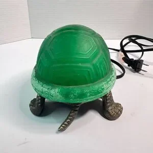 Vintage Brass Frosted Green Glass Shell Turtle Table Lamp Night Light WORKS