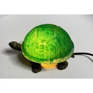 Vintage Brass Frosted Green Glass Shell Turtle Table Lamp Night Light WORKS
