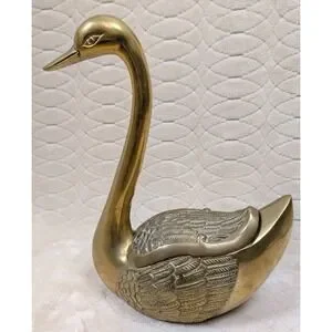 Vintage Brass Swan Trinket Box 12.5" Tall Lidded Bird Sculpture Storage Decor