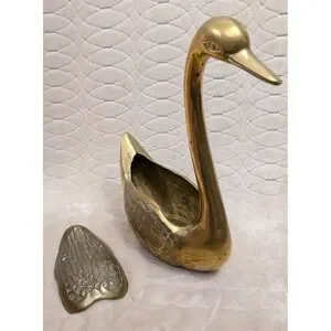 Vintage Brass Swan Trinket Box 12.5" Tall Lidded Bird Sculpture Storage Decor