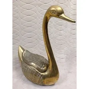 Vintage Brass Swan Trinket Box 12.5" Tall Lidded Bird Sculpture Storage Decor
