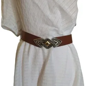 Vintage Brown Leather Silver Gold Buckle Adjustable Belt Small