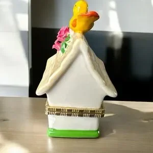 Vintage Ceramic Birdhouse Trinket Box With Yellow Bird Pink Flower Hinged Box