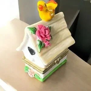 Vintage‎ Ceramic Birdhouse Trinket Box With Yellow Bird Pink Flower Hinged Box